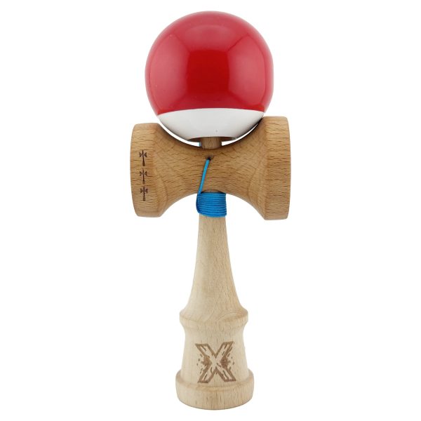 Kendama X Originala, Profesionala, Flippy, Big Cups V2, Super Sticky cu Cupe Mari, din lemn 18 cm, Rulment Metalic cu Ata 55 cm, Rosu/Alb