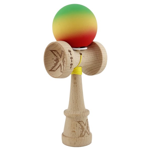 Kendama X Originala, Profesionala, Flippy, Cupe Mari KING SIZE V3, Rubber Grip, Gaura in Baza, Rulment Metalic, din lemn 18 cm, Ata 62/65 cm, Gradient Verde/Galben/Rosu