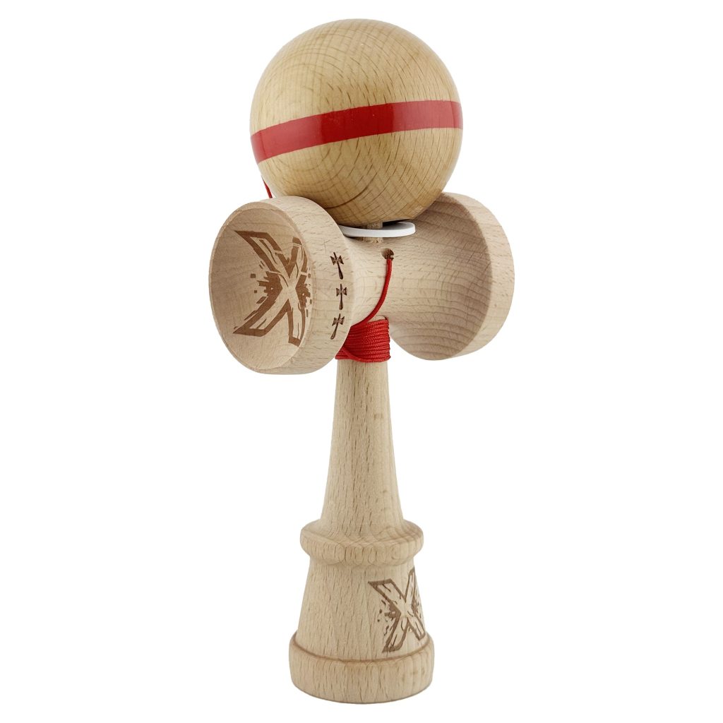 Kendama X Originala, Profesionala, Flippy, Super Sticky, Cupe Mari KING SIZE V3, Gaura in Baza, Rulment Metalic, din lemn 18 cm, Ata 62/65 cm, Original Rosu