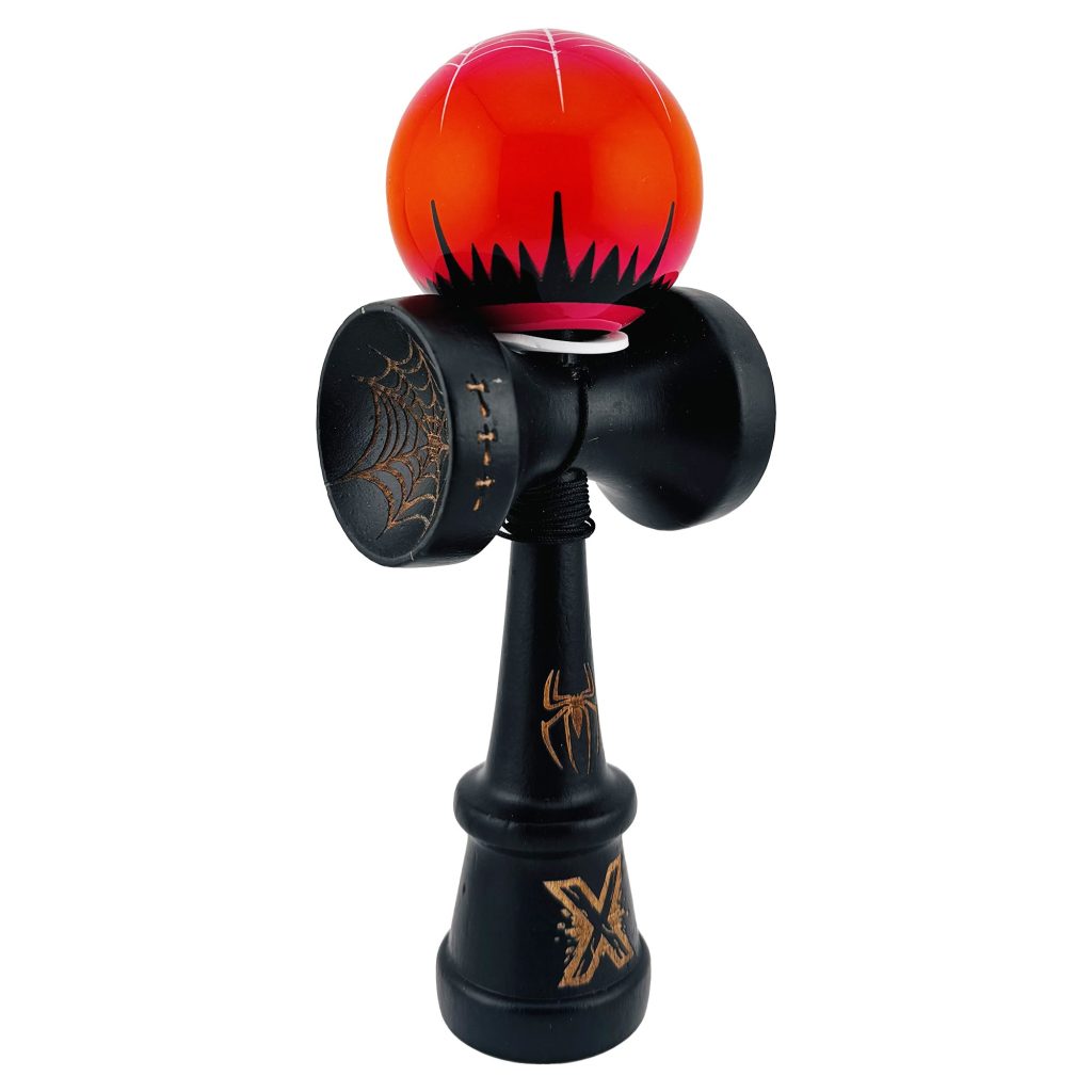 Kendama X Originala, Profesionala, Flippy, BLACK Spider King, Super Sticky cu Cupe Mari KING SIZE V3, Gaura in Baza, Rulment Metalic, din lemn 18 cm, Ata 62/65 cm, Rosu/Negru