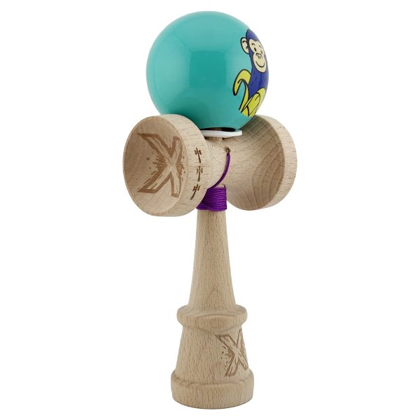 Kendama X Originala, Profesionala, Flippy, Blue Monkey, Super Sticky cu Cupe Mari King Size V3, Rulment Metalic si Gaura in Baza, din Lemn 18 cm, Ata 62/65 cm, Turcoaz
