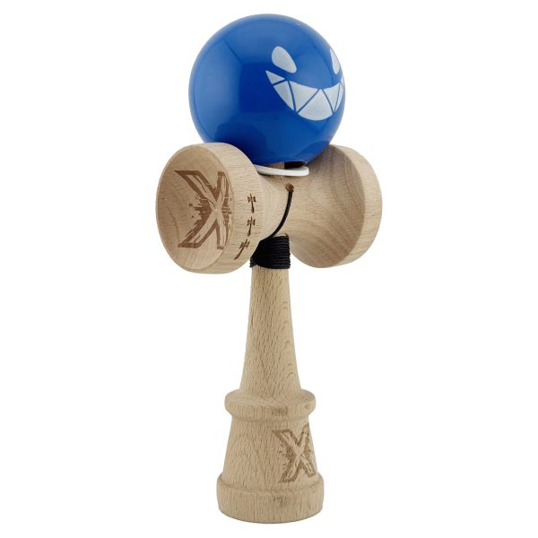 Kendama X Originala, Profesionala, Flippy, Crazy Smile, Super Sticky cu Cupe Mari KING SIZE V3, Gaura in Baza, Rulment Metalic, din lemn 18 cm, Ata 62/65 cm, Special Albastru