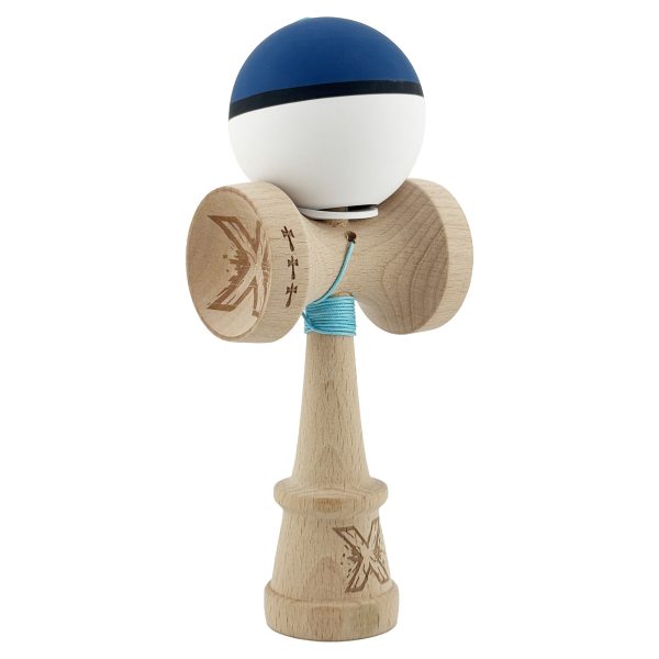 Kendama X Originala, Profesionala, Flippy, Cupe Mari KING SIZE V3, Rubber Grip, Gaura in Baza, Rulment Metalic, din lemn 18 cm, Ata 62/65 cm, S Bicolor Albastru inchis/Alb
