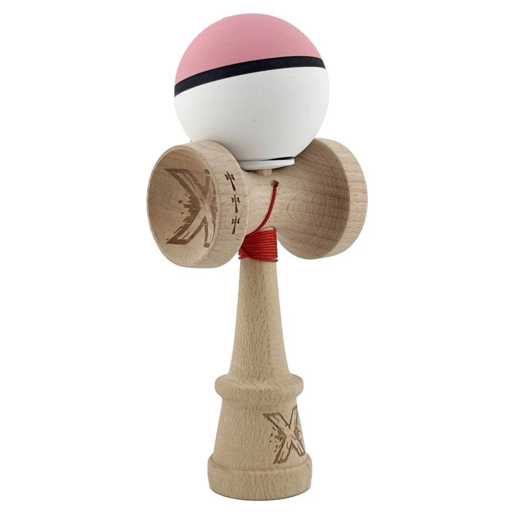 Kendama X Originala, Profesionala, Flippy, Cupe Mari KING SIZE V3, Rubber Grip, Gaura in Baza, Rulment Metalic, din lemn 18 cm, Ata 62/65 cm, S Bicolor Roz/Alb
