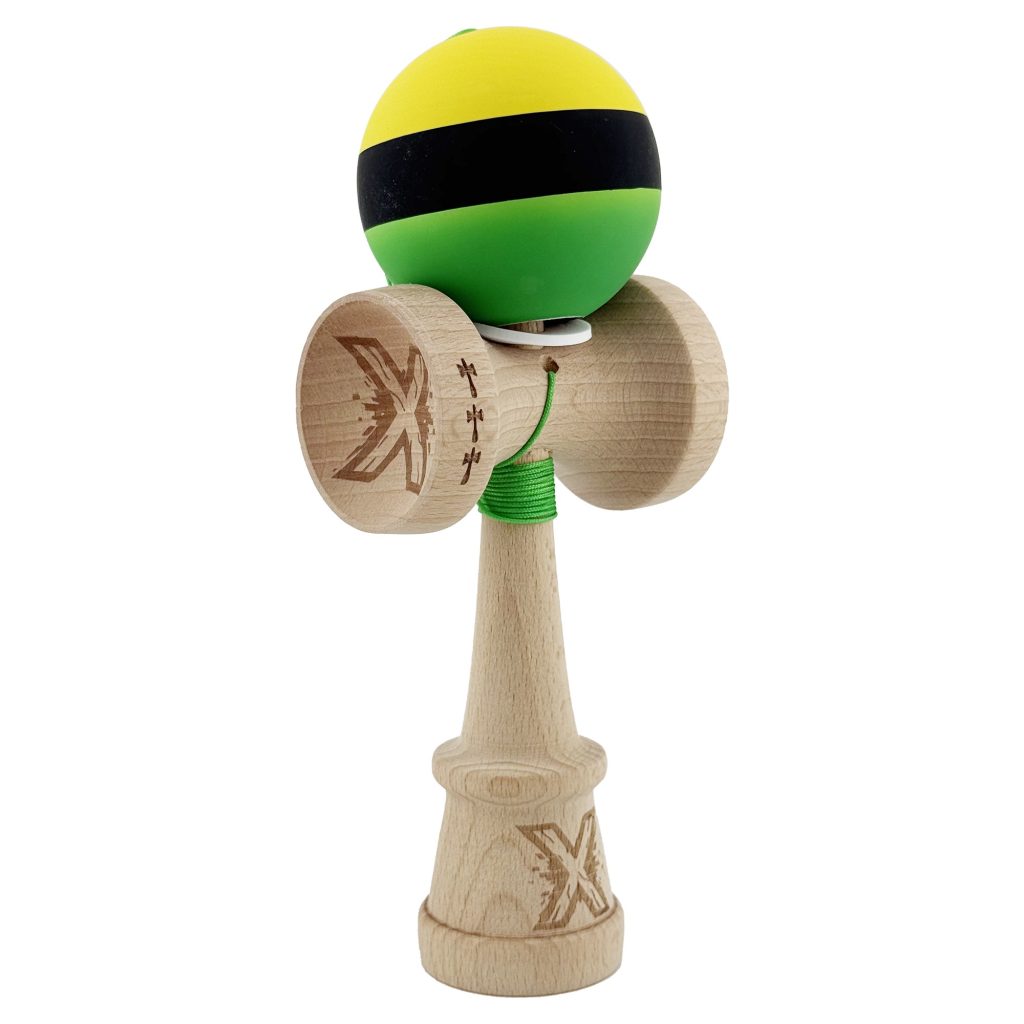 Kendama X Originala, Profesionala, Flippy, Cupe Mari KING SIZE V3, Rubber Grip, Gaura in Baza, Rulment Metalic, din lemn 18 cm, Ata 62/65 cm, M Galben/Negru/Verde