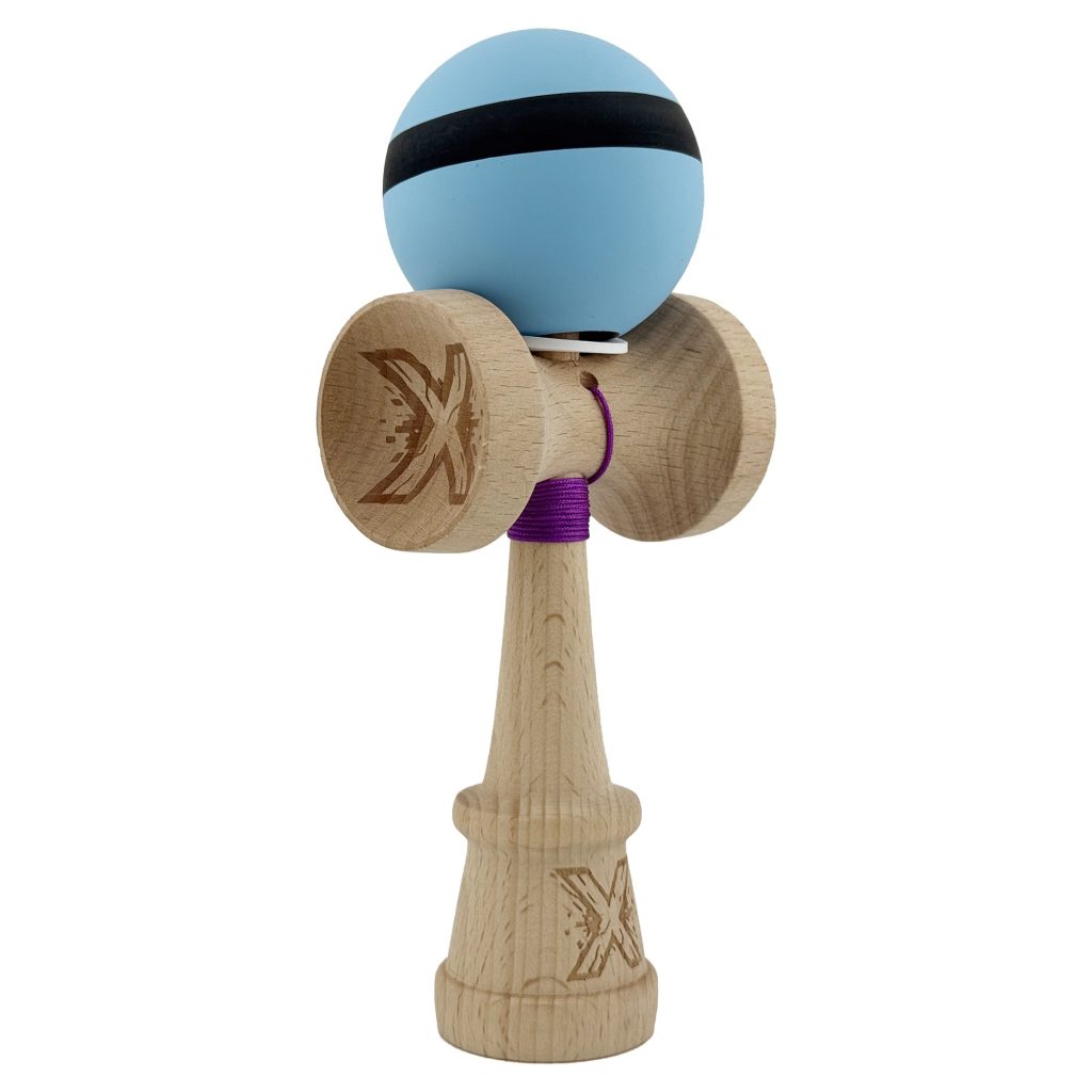 Kendama X Originala, Profesionala, Flippy, Cupe Mari KING SIZE V3, Rubber Grip, Gaura in Baza, Rulment Metalic, din lemn 18 cm, Ata 62/65 cm, M Bleu/Negru/Bleu