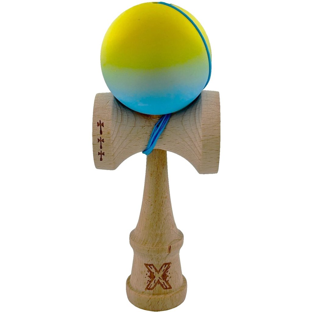 Kendama X Originala, Profesionala, Flippy, Big Cups V2, Rubber Grip cu Cupe Mari, Rulment Metalic cu Ata 55 cm, Gradient Galben/Albastru