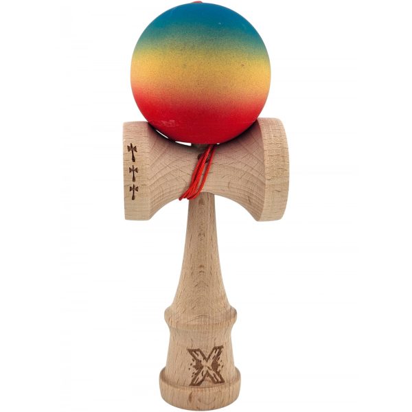 Kendama X Originala, Profesionala, Flippy, Big Cups V2, Rubber Grip cu Cupe Mari, Rulment Metalic cu Ata 55 cm, Gradient Albastru/Galben/Rosu