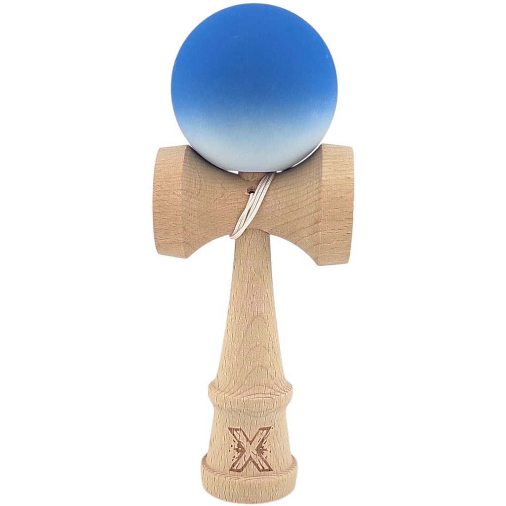 Kendama X Originala, Profesionala, Flippy, din Lemn, Rubber Grip, 18 cm, Albastru/Alb
