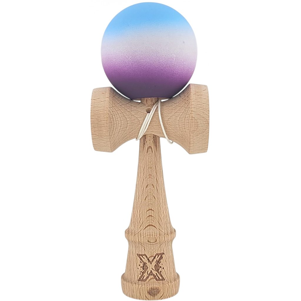 Kendama X Originala, Profesionala, Flippy, din Lemn, Rubber Grip, 18 cm, Albastru/Alb/Violet