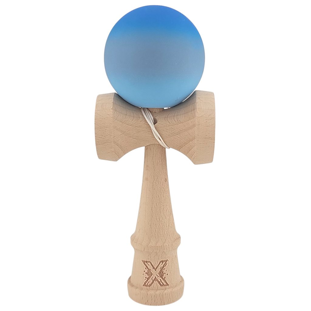 Kendama X Originala, Profesionala, Flippy, din Lemn, Rubber Grip, 18 cm, Albastru/Gri/Bleu