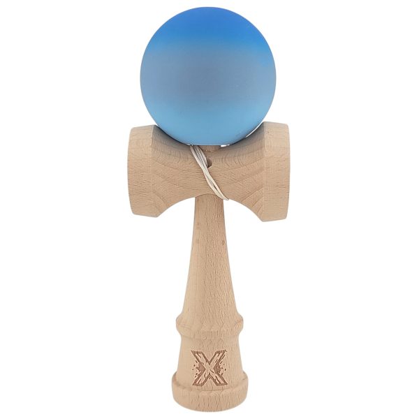 Kendama X Originala, Profesionala, Flippy, din Lemn, Rubber Grip, 18 cm, Albastru/Gri/Bleu