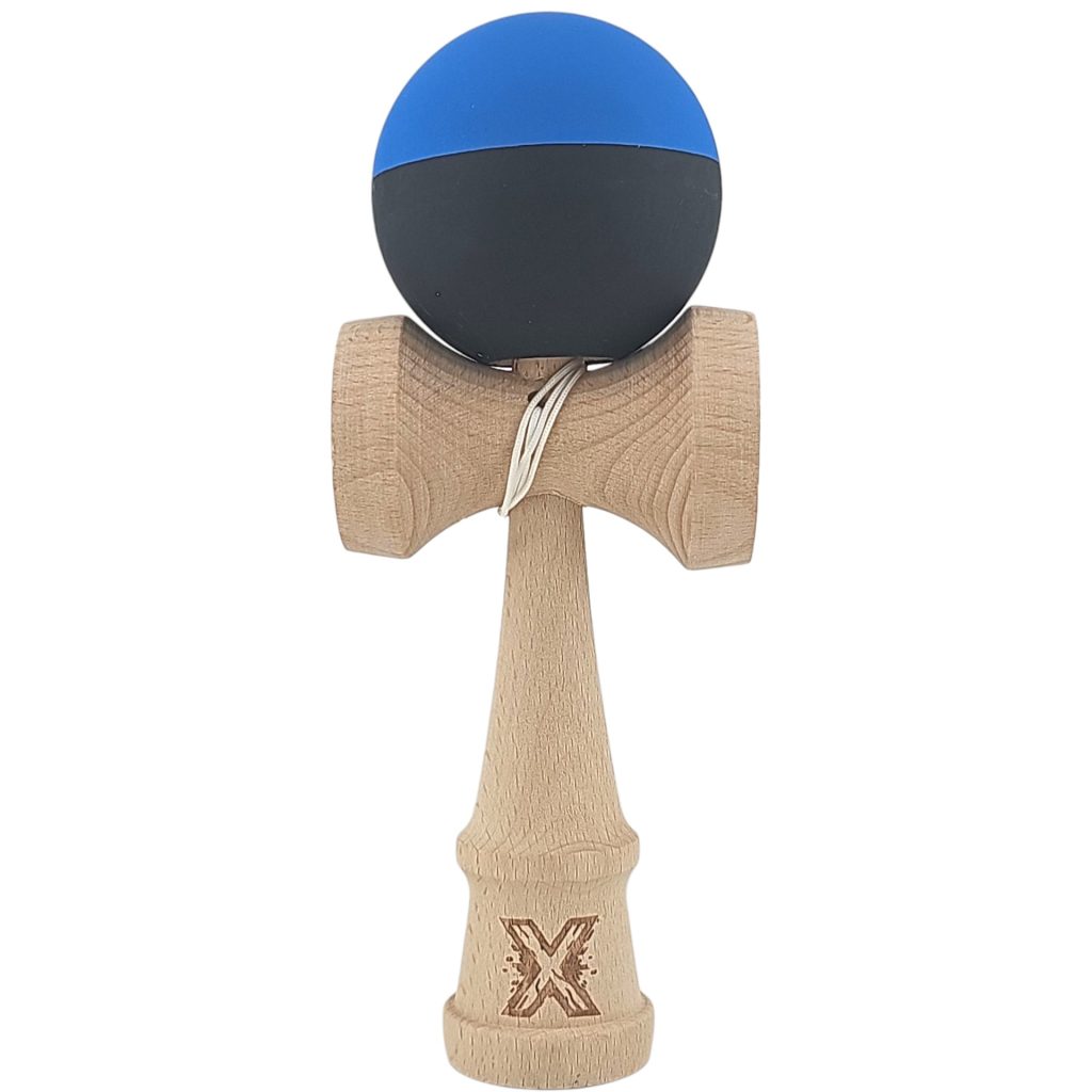 Kendama X Originala, Profesionala, Flippy, din Lemn, Rubber Grip, 18 cm, Albastru/Negru