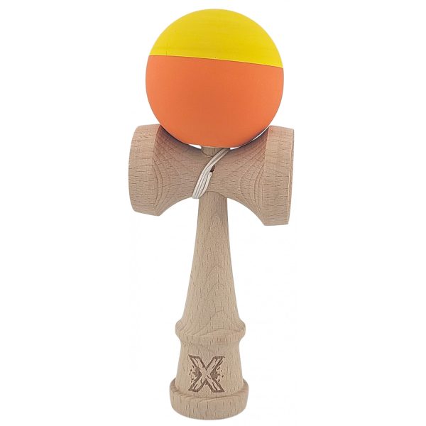 Kendama X Originala, Profesionala, Flippy, din Lemn, Rubber Grip, 18 cm, Galben/Portocaliu