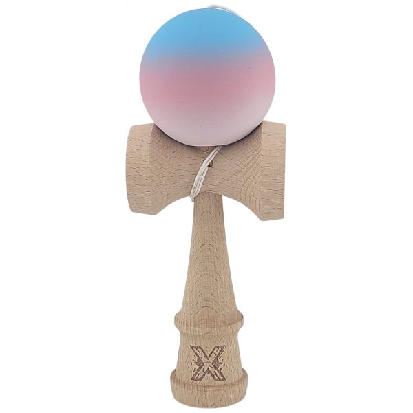 Kendama X Originala, Profesionala, Flippy, din Lemn, Rubber Grip, 18 cm, Gradient Albastru/Roz/Alb
