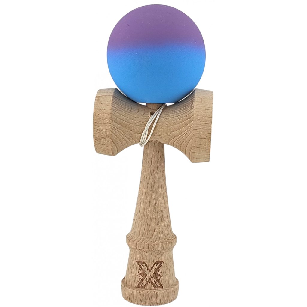 Kendama X Originala, Profesionala, Flippy, din Lemn, Rubber Grip, 18 cm, Gradient Violet/Albastru