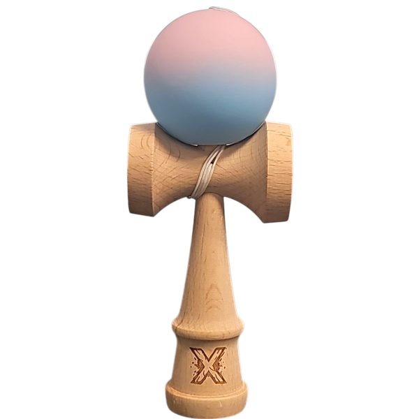 Kendama X Originala, Profesionala, Flippy, din Lemn, Rubber Grip, 18 cm, Lila/Turcoaz