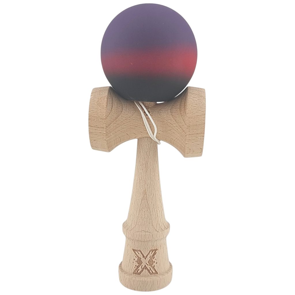 Kendama X Originala, Profesionala, Flippy, din Lemn, Rubber Grip, 18 cm, Mov/Rosu/Negru