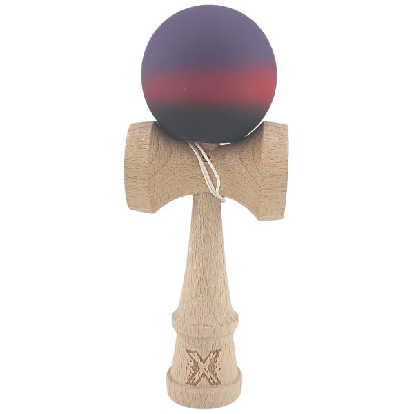 Kendama X Originala, Profesionala, Flippy, din Lemn, Rubber Grip, 18 cm, Mov/Rosu/Negru