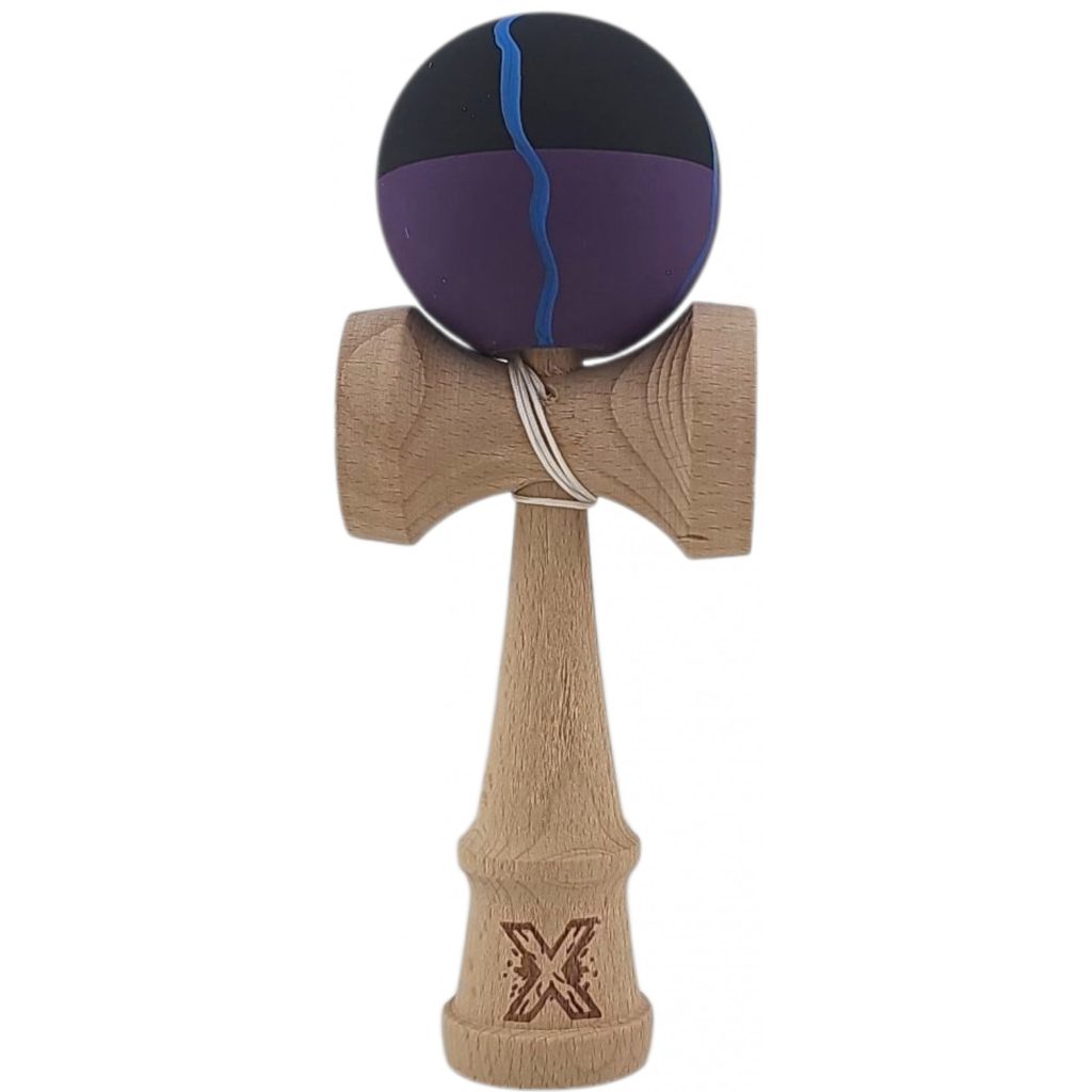 Kendama X Originala, Profesionala, Flippy, din Lemn, Rubber Grip, 18 cm, Negru/Mov/Albastru