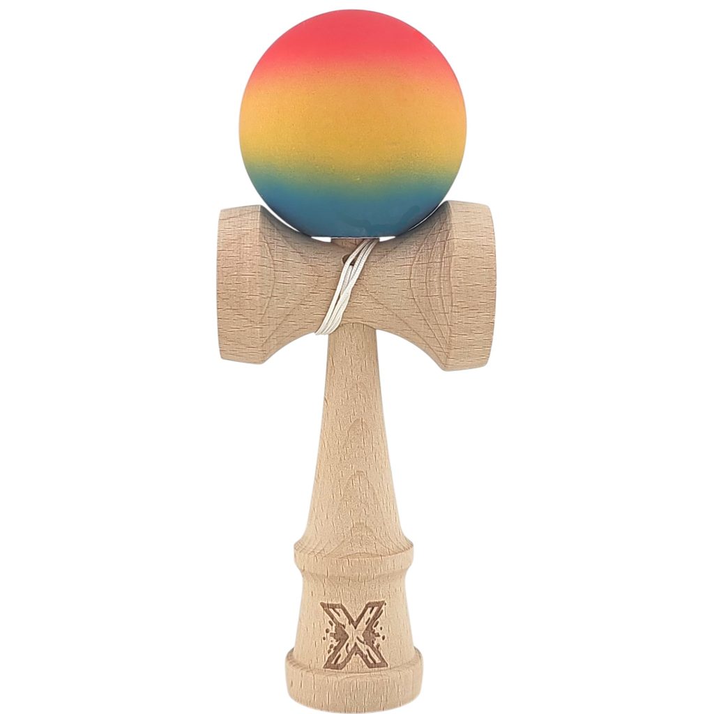 Kendama X Originala, Profesionala, Flippy, din Lemn, Rubber Grip, 18 cm,Rosu/Galben/Albastru