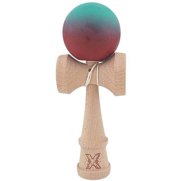 Kendama X Originala, Profesionala, Flippy, din Lemn, Rubber Grip, 18 cm, Rosu/Verde