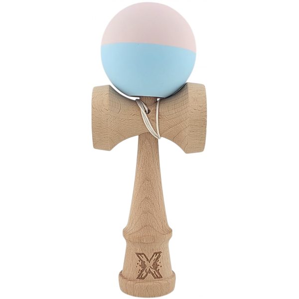 Kendama X Originala, Profesionala,  Flippy, din lemn, Rubber Grip, 18 cm, Roz/Albastru