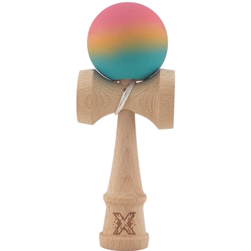 Kendama X Originala, Profesionala, Flippy, din Lemn, Rubber Grip, 18 cm, Roz/Galben/Albastru