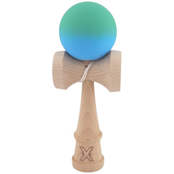Kendama X Originala, Profesionala, Flippy, din Lemn, Rubber Grip, 18 cm, Verde/Albastru
