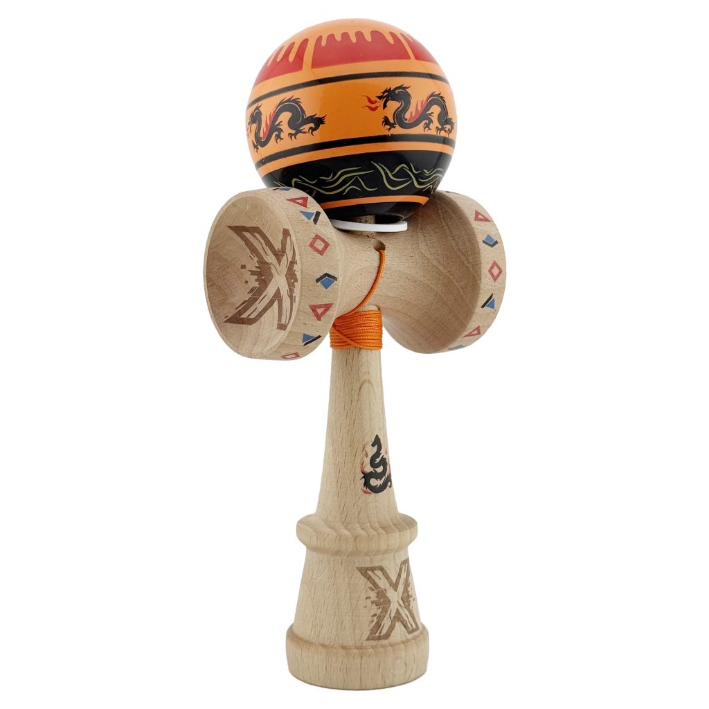 Kendama X Originala, Profesionala, Flippy, DRAGON Series, Super Sticky cu Cupe Mari King Size V3, Rulment Metalic si Gaura in Baza, din Lemn 18 cm, Ata 62/65 cm, Portocaliu/Negru