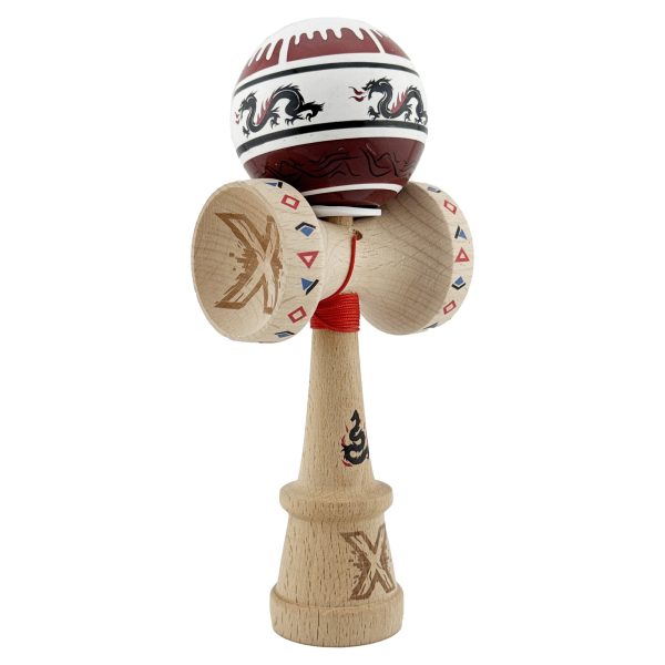 Kendama X Originala, Profesionala, Flippy, DRAGON Series, Super Sticky cu Cupe Mari King Size V3, Rulment Metalic si Gaura in Baza, din Lemn 18 cm, Ata 62/65 cm, Alb/Rosu inchis