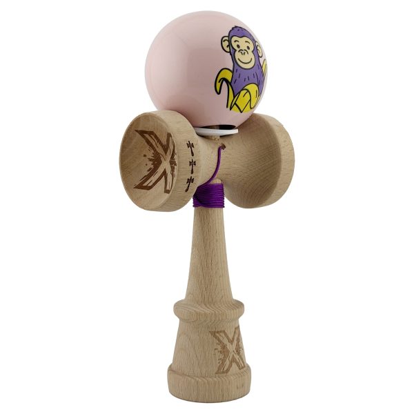 Kendama X Originala, Profesionala, Flippy, Violet Monkey, Super Sticky cu Cupe Mari King Size V3, Rulment Metalic si Gaura in Baza, din Lemn 18 cm, Ata 62/65 cm, Roz