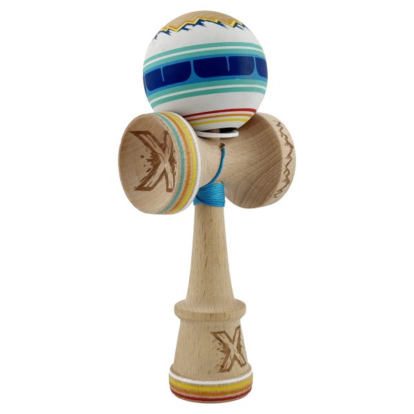 Kendama X Originala, Profesionala, Flippy, MOUNTAINS, Model Anti Skid cu Cupe Mari KING SIZE V3, Gaura in Baza, Rulment Metalic, din lemn 18 cm, Ata 62/65 cm, Albastru Multicolor
