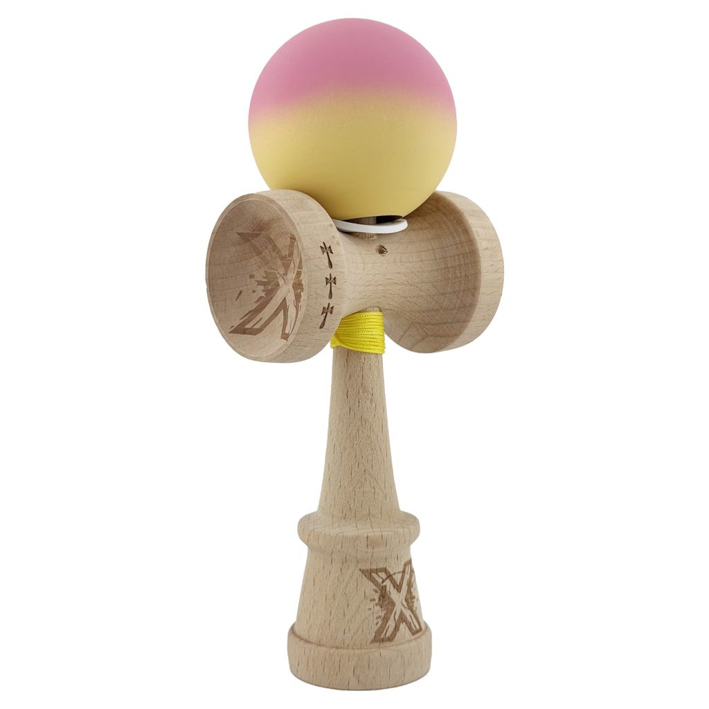 Kendama X Originala, Profesionala, Flippy, Rubber Grip, Cupe Mari KING SIZE V3, Gaura in Baza, Rulment Metalic, din lemn 18 cm, Ata 62/65 cm, Gradient Roz/Galben