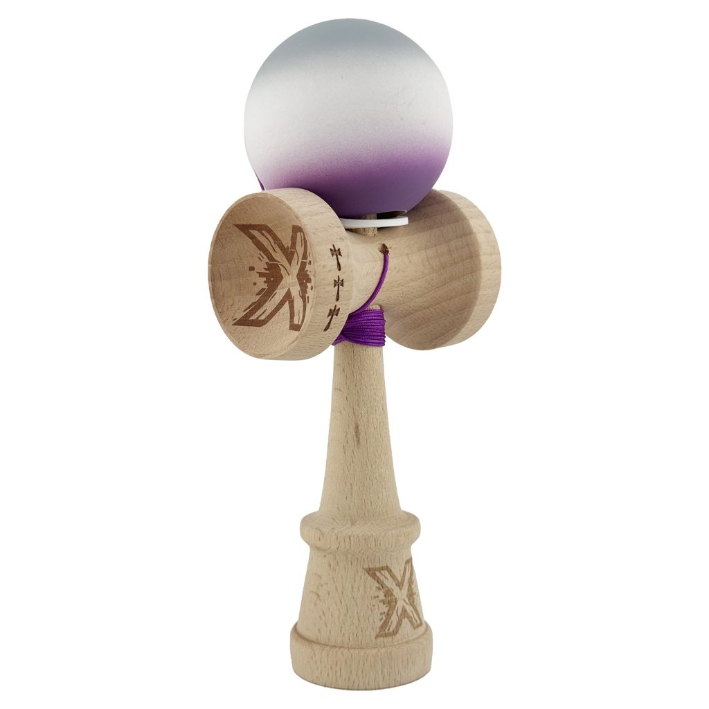 Kendama X Originala, Profesionala, Flippy, Rubber Grip, Cupe Mari KING SIZE V3, Gaura in Baza, Rulment Metalic, din lemn 18 cm, Ata 62/65 cm, Gradient Gri/Alb/Mov