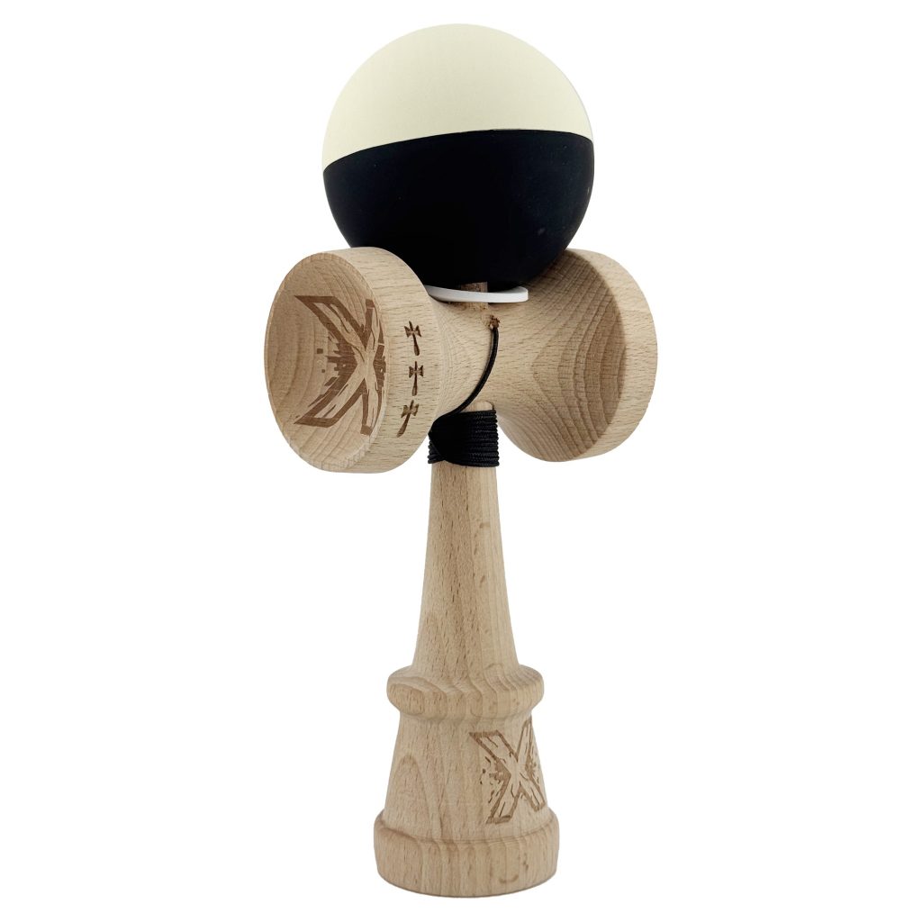 Kendama X Originala, Profesionala, Flippy, Rubber Grip, Cupe Mari KING SIZE V3, Gaura in Baza, Rulment Metalic, din lemn 18 cm, Ata 62/65 cm, Bicolor Galben/Negru