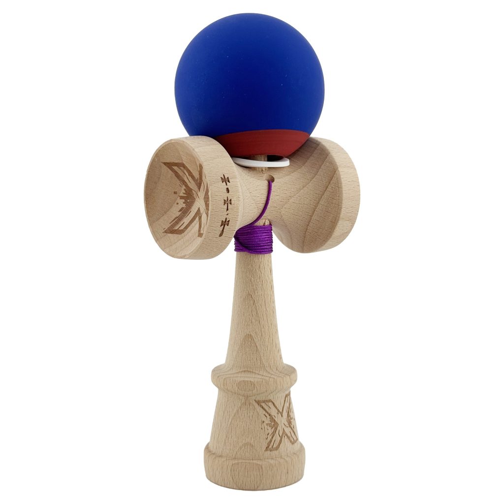 Kendama X Originala, Profesionala, Flippy, Rubber Grip, Cupe Mari KING SIZE V3, Gaura in Baza, Rulment Metalic, din lemn 18 cm, Ata 62/65 cm, Bicolor Albastru inchis/Rosu