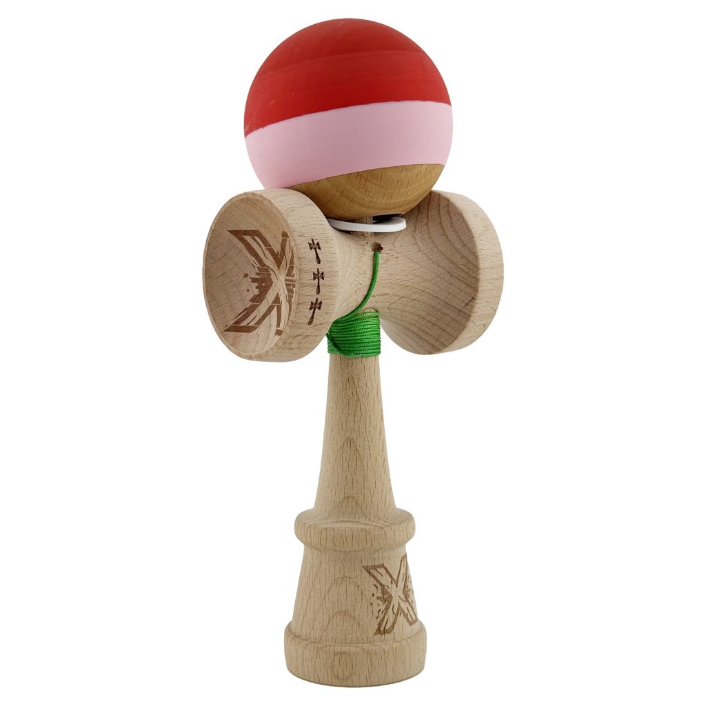 Kendama X Originala, Profesionala, Flippy, Rubber Grip, Cupe Mari KING SIZE V3, Gaura in Baza, Rulment Metalic, din lemn 18 cm, Ata 62/65 cm, Special Rosu/Roz/Maro