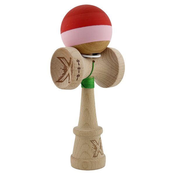 Kendama X Originala, Profesionala, Flippy, Rubber Grip, Cupe Mari KING SIZE V3, Gaura in Baza, Rulment Metalic, din lemn 18 cm, Ata 62/65 cm, Special Rosu/Roz/Maro