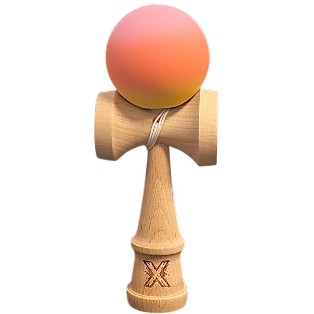 Kendama X Originala, Profesionala, Flippy, Rubber Grip, din Lemn, 18 cm, Roz/Portocaliu/Galben