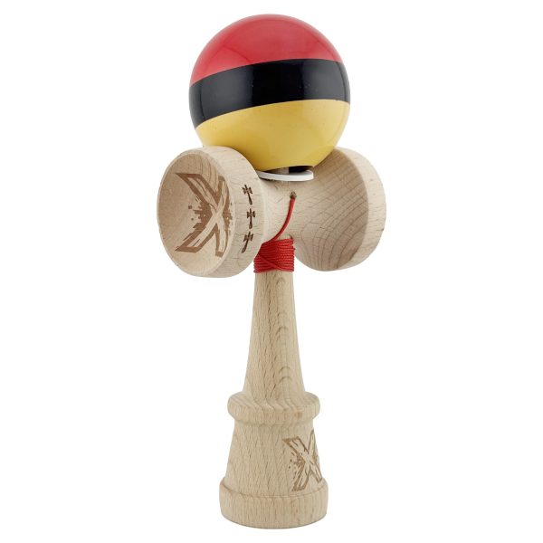 Kendama X Originala, Profesionala, Flippy, Super Sticky cu Cupe Mari KING SIZE V3, Gaura in Baza, Rulment Metalic, din lemn 18 cm, Ata 62/65 cm, Rosu/Negru/Galben