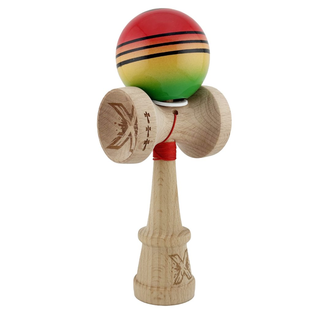 Kendama X Originala, Profesionala, Flippy, Super Sticky cu Cupe Mari KING SIZE V3, Gaura in Baza, Rulment Metalic, din lemn 18 cm, Ata 62/65 cm, Special Rosu/Verde