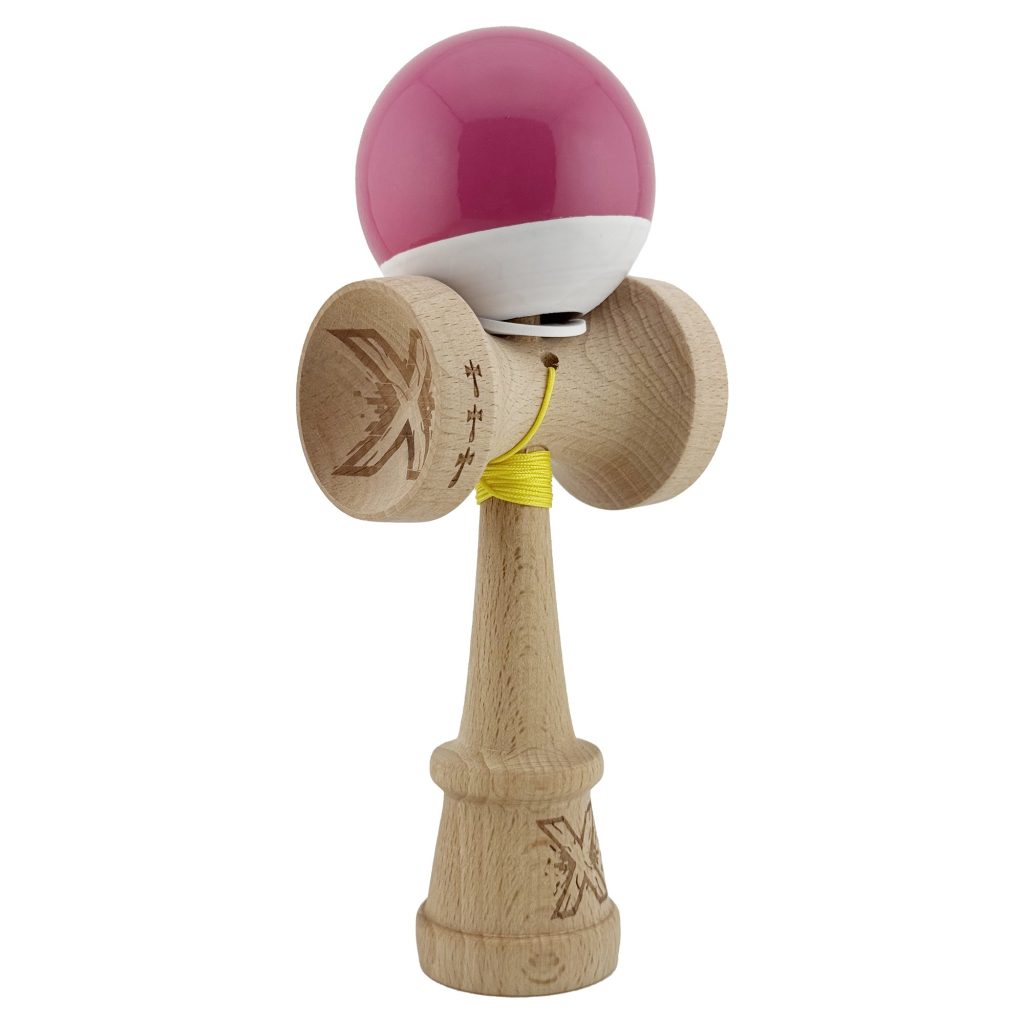 Kendama X Originala, Profesionala, Flippy, Super Sticky cu Cupe Mari KING SIZE V3, Gaura in Baza, Rulment Metalic, din lemn 18 cm, Ata 62/65 cm, Bicolor Roz inchis/Alb