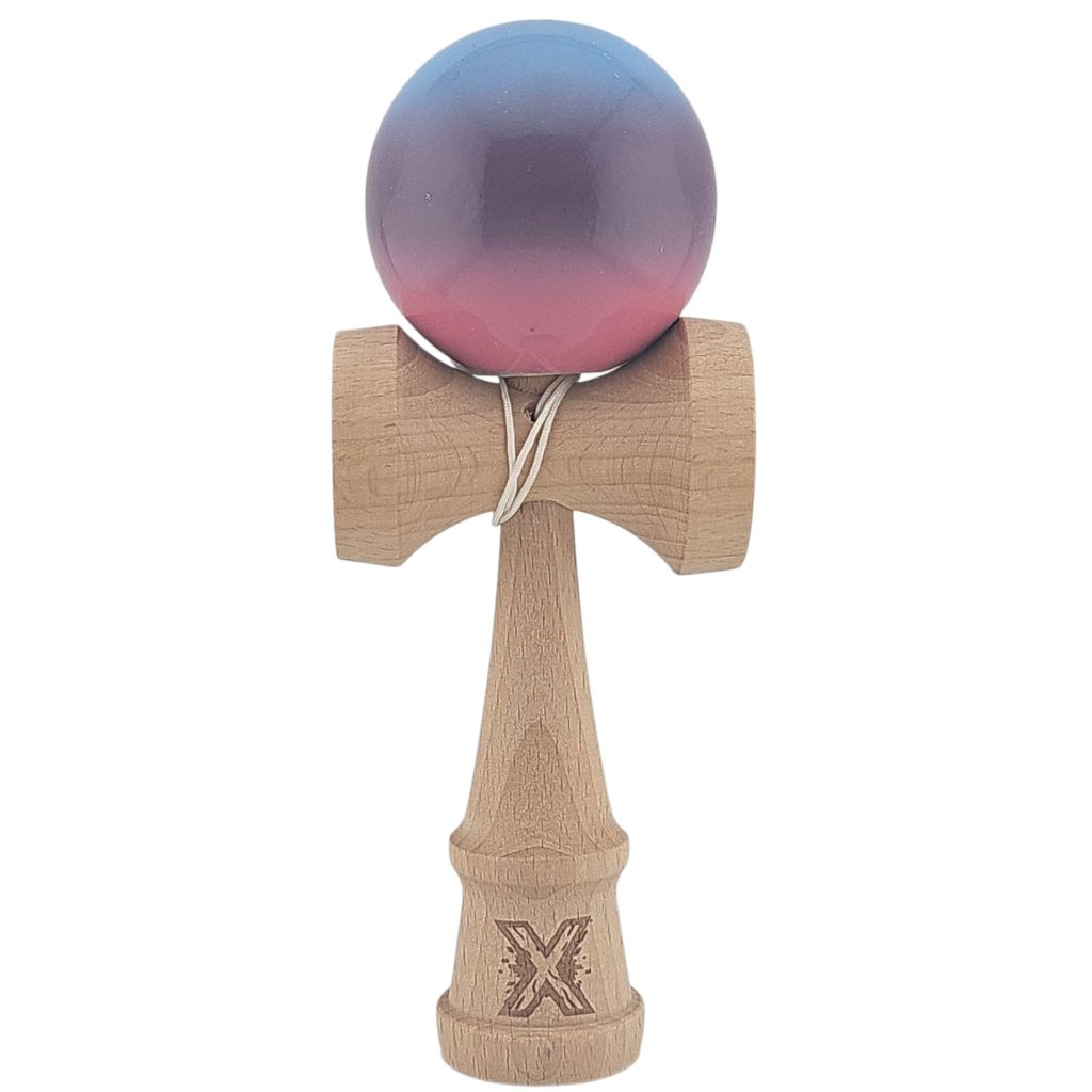 Kendama X Originala, Profesionala, Flippy, Super Sticky, din Lemn, 18 cm, Albastru Deschis/Mov/Roz