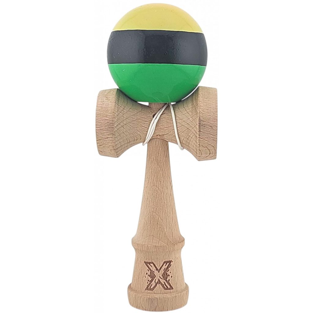 Kendama X Originala, Profesionala, Flippy, Super Sticky din Lemn, 18 cm, Galben/Negru/Verde