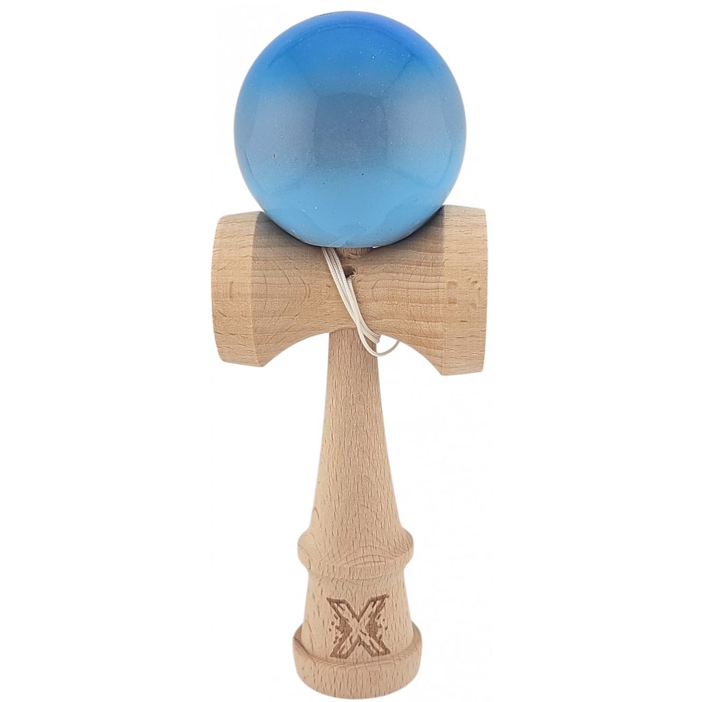 Kendama X Originala, Profesionala, Flippy, Super Sticky din Lemn, 18 cm, Gradient Albastru/Gri/Bleu