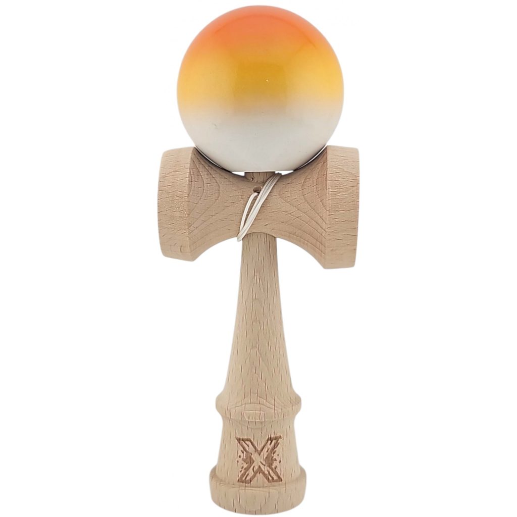 Kendama X Originala, Profesionala, Flippy, Super Sticky din Lemn, 18 cm, Gradient Portocaliu/Galben/Alb