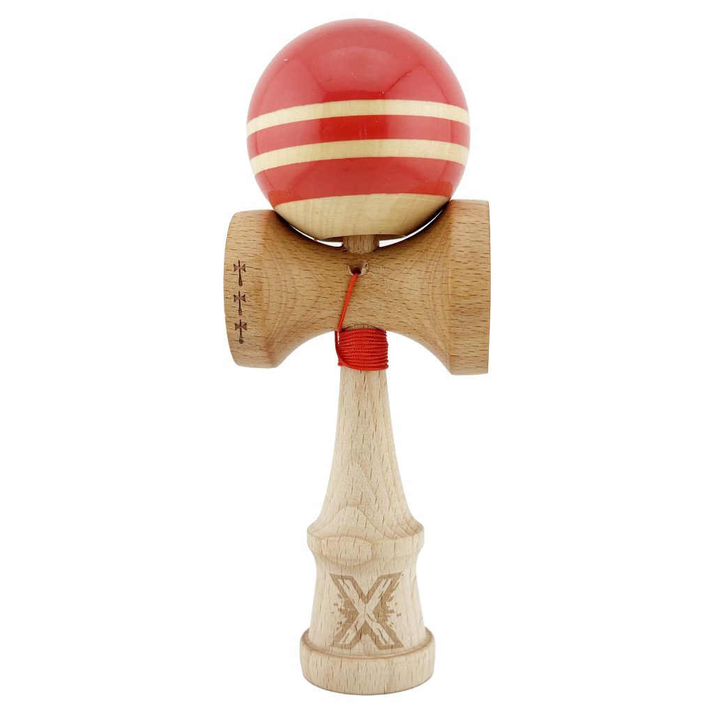 Kendama X Rainbow Originala, Profesionala, Flippy, Big Cups V2, Super Sticky cu Cupe Mari, Rulment Metalic, din lemn 18 cm, Ata 55 cm, Rosu/Maro