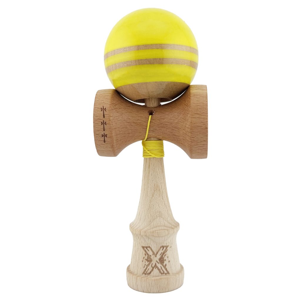 Kendama X Rainbow Originala, Profesionala, Flippy, Big Cups V2, Super Sticky cu Cupe Mari, Rulment Metalic, din lemn 18 cm, Ata 55 cm, Galben/Maro