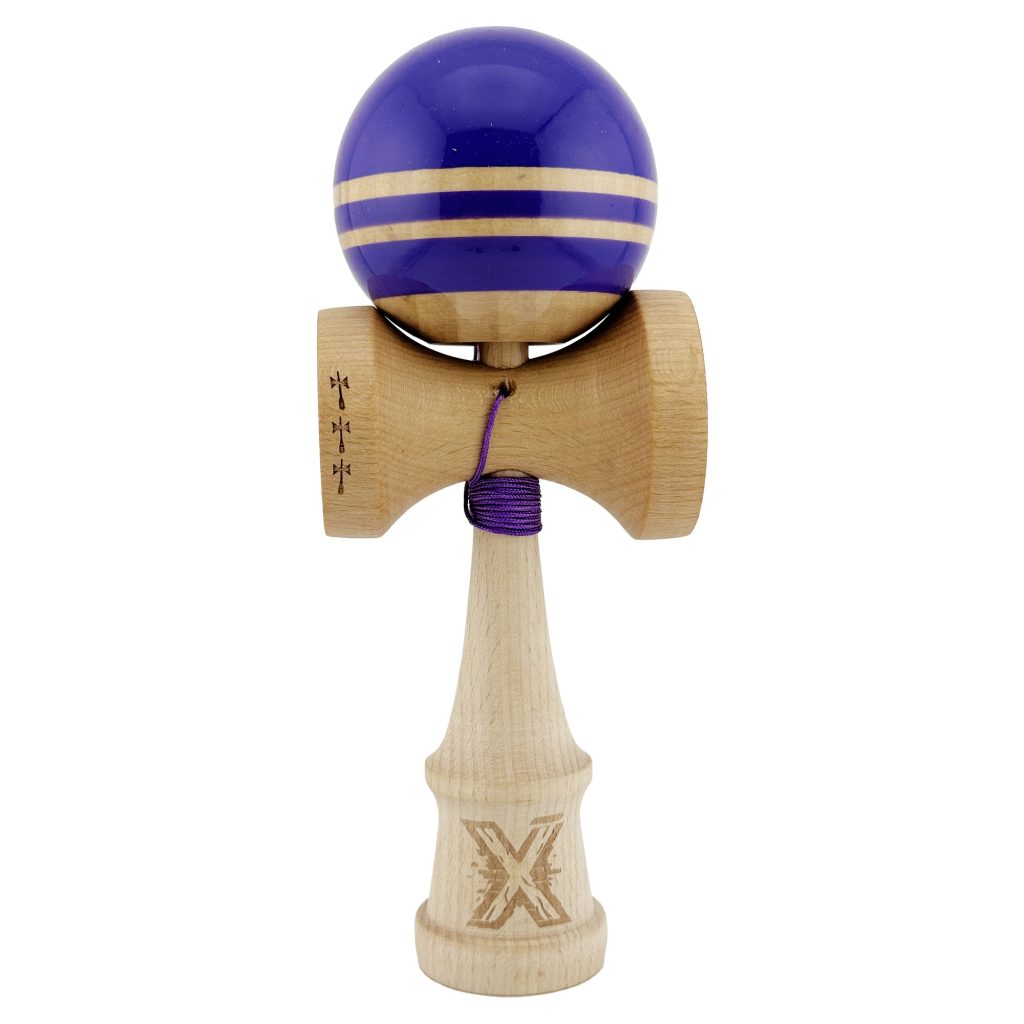 Kendama X Rainbow Originala, Profesionala, Flippy, Big Cups V2, Super Sticky cu Cupe Mari, Rulment Metalic, din lemn 18 cm, Ata 55 cm, Violet/Maro